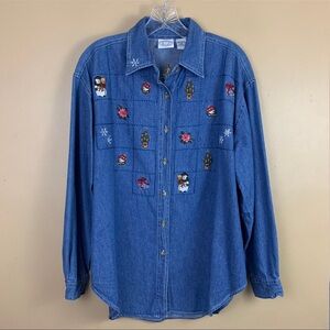 Embroidered Denim Shirt with Festive Holiday Patches